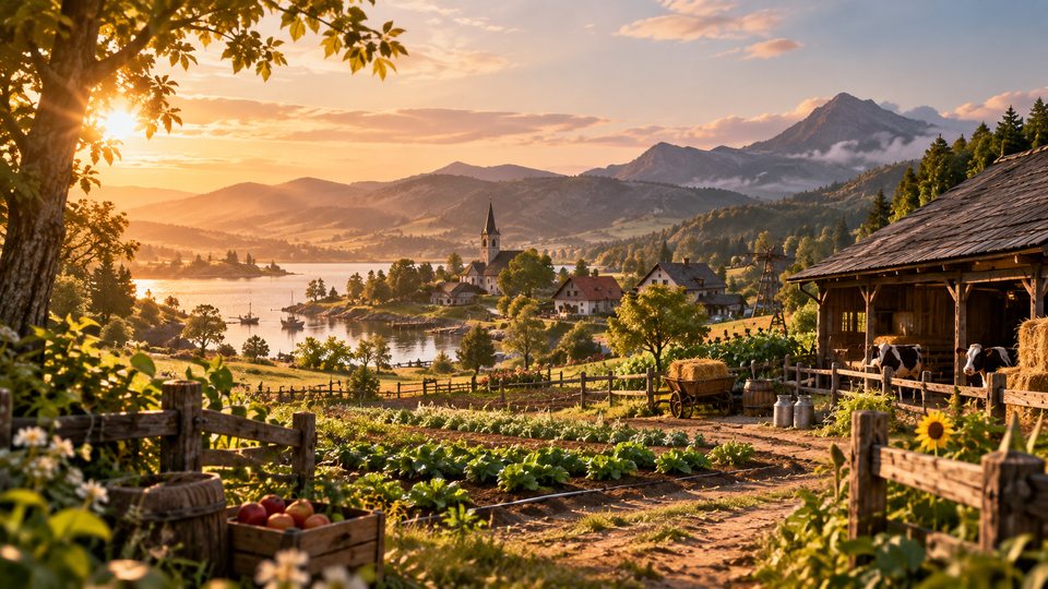 Szeroka, fotorealistyczna scena gospodarstwa, jeziora i wioski jako koncepcyjna wizualizacja świata Farm Game Szeroka, fotorealistyczna scena gospodarstwa, jeziora i wioski jako koncepcyjna wizualizacja świata Farm Game