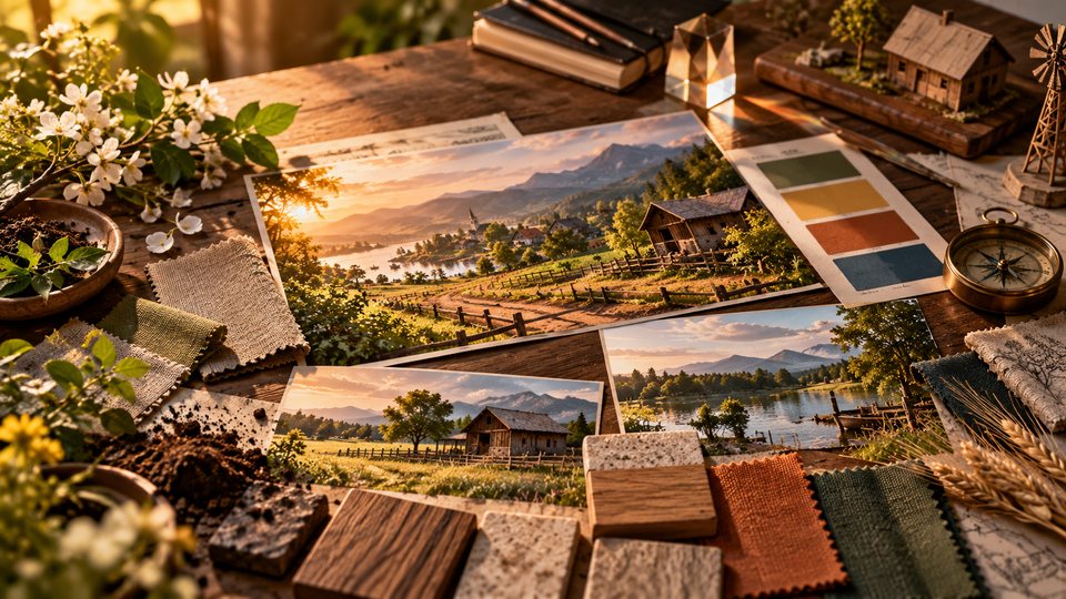 Koncepcyjny moodboard materiałów, światła, kolorów i krajobrazu dla spokojnego świata farmy Koncepcyjny moodboard materiałów, światła, kolorów i krajobrazu dla spokojnego świata farmy